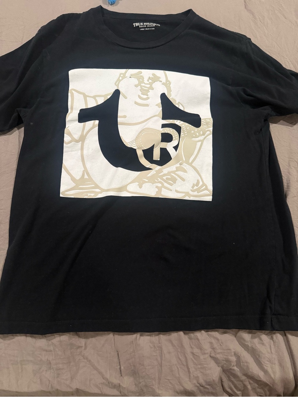 True Religion Black Tee with Cream Logo Graphic